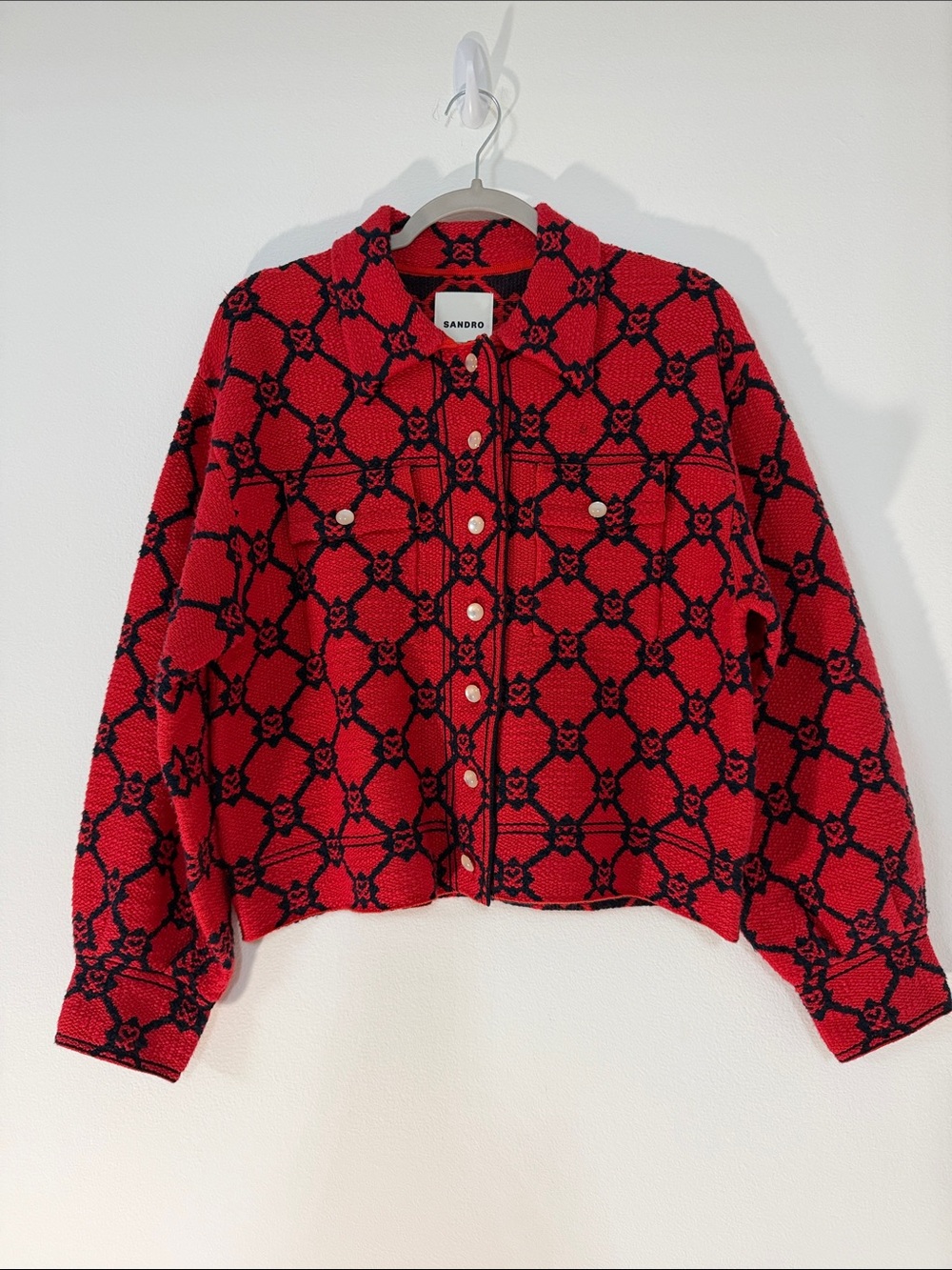 Sandro Red & Black Patterned Knit Jean Jacket